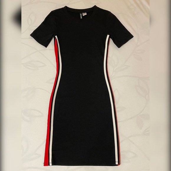 H & M - Black Bodycon Dress with Red & White Stripes - Picture 1 of 2